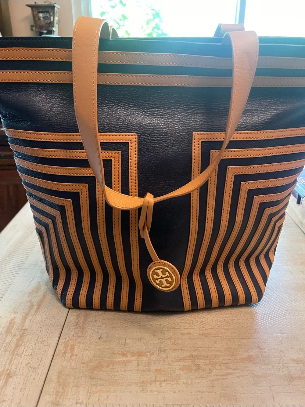 Tory Burch Navy and Tan Geometric Stripe Leather Tote